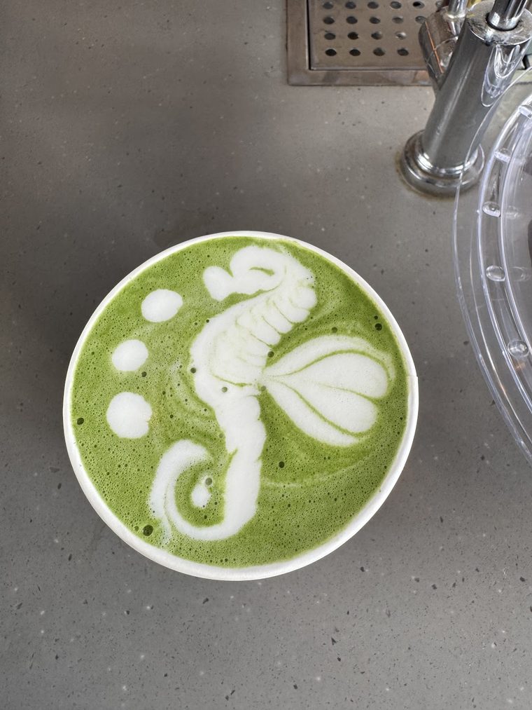 Matcha latte with a seahorse drawn in the foam
